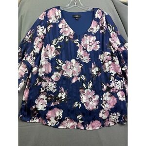 AGB Woman Navy Blue Pink Floral V-Neck Tiered Bell Sleeve Blouse Top 1X